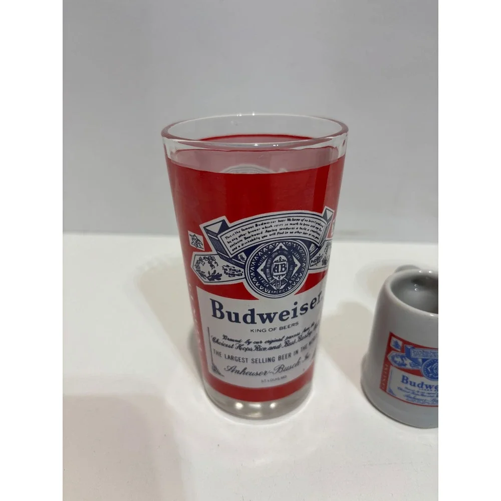 VTG Budweiser Barware Collectibles OS Red White Blue Glass Mini Stein Canister
